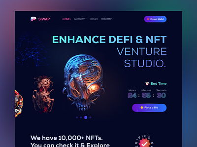 SIWAP-NFT Art Dark Theme Landing Page. art blockchain branding design crypto art crypto landing page cryptocurrency dark landing page dark mode exploration homepage landing page marketplace minimalist nft nft landing page nft marketplace uiux web design website website design