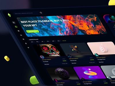 NFT Marketplace Dashboard 3d app blockchain cinema4d clean dark theme design illustration landing page marketplace marketplace ui kit minimal nft nft marketplace nfts typography ui ui kit user interface ux