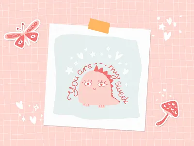 Cute dino with loving look animal character cute dino dinosaur eyes funny heart illustration kawaii loving