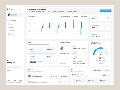 Web Hosting Dashboard analytics apps blue card design grey icon minimal payments plan server ui ux