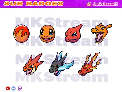Twitch sub badges pokemon charmander evolution pack animated emotes anime charizard charmeleon cute design emotes gulumanda hitokage hype illustration mega evolution pokemon sub badge
