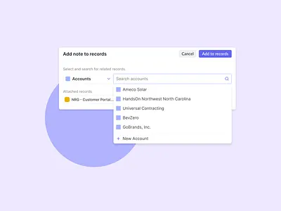 Add to records / Search add new add note add note to record add to records badge create new dropdown hubspot menu dropdown modal new note popover record salesforce search search account search dropdown search popover search user