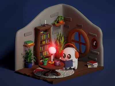 Ghost house 3d 3dart 3dartist 3dillustration art artdiraction blender blender3d books cuteghost ghost graphic design headphones horror horrorroom illustration isometric plants scary spooky