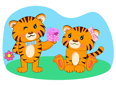 Cute Cartoon Tigers boy and girll. The tiger cub gives a gift. art