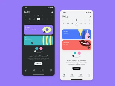 Calendar. Daily tracker. Frisky! app cards clinic color design dia fertility gt super display health illustration lifestyle period pregnancy product design significa ui ux woman