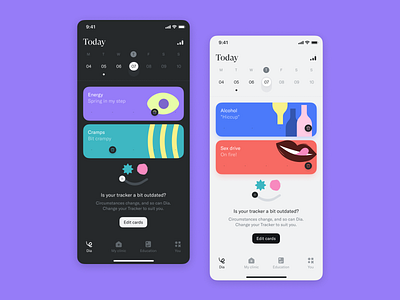 Calendar. Daily tracker. Frisky! app cards clinic color design dia fertility gt super display health illustration lifestyle period pregnancy product design significa ui ux woman