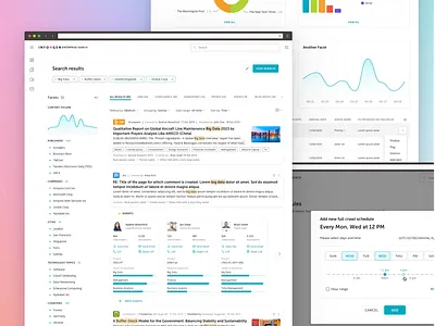Advanced Search and Marketing Intelligence Tool advanced search content analyser design facets filters popup schedule search results ui user interface ux web design