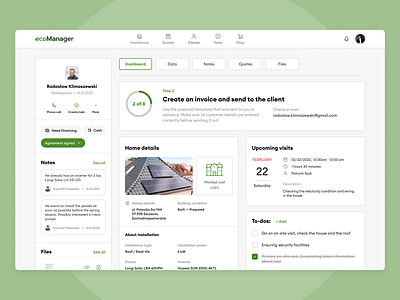 CRM - client's profile b2b calendar client crm eco files green interface navigation notes profile progress saas solar to do ui ux web