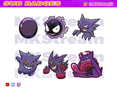 Twitch sub badges pokemon gastly evolution pack animated emotes anime cute design emotes gastly gengar goku haunter hype illustration luffy mega evolution sub badge ui vegeta