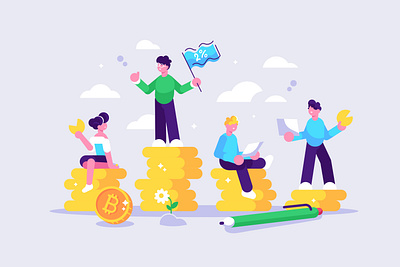 only 2% of users have one bitcoin art bitcoin business people character coin collector column crypto cryptocurrency design flat illustration investing investor money people stack trader trading vector