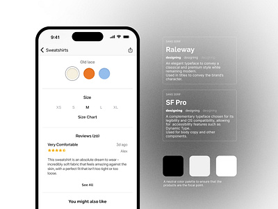 Product page - fashion - iOS app design black and white details e commerce ios mobile app neutral product design product page reviews size selection ui design ux design