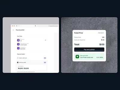 OnePulse: Pay and publish survey balance credit card pay price publish saas survey total price trabsaction ui design upsell web app