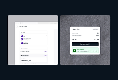 OnePulse: Pay and publish survey balance credit card pay price publish saas survey total price trabsaction ui design upsell web app