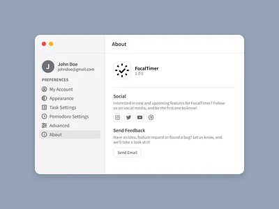 FocalTimer About Window Appearance app design flat focaltimer graphic design minimal ui web