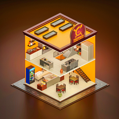 Isometric restaurant 3D 3d 3d art blender branding design food furniture illustration isometric art kitchen low poly orange stove ui wood