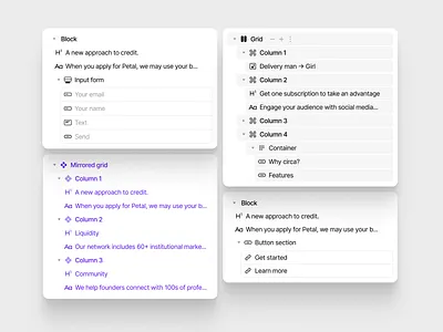 Circa's blocks blocks builder constructor design grey interface lading landing shadow website