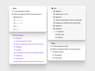 Circa's blocks blocks builder constructor design grey interface lading landing shadow website