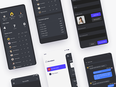 Team management app application chat dark dark mode dashboard menu mobile navigation profile sport team