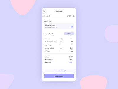 Invoice app app design client invoice generation color pallete dailyui design design ui dezele freelance designer illustration invoice invoicing app pastel pink purple ui ui design ui ux