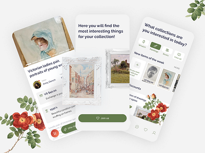Marketplace App for collectors flowers in app green and red green button mobile app natural colors old paintings pastel palette provence shot with flowers vintage vintage app