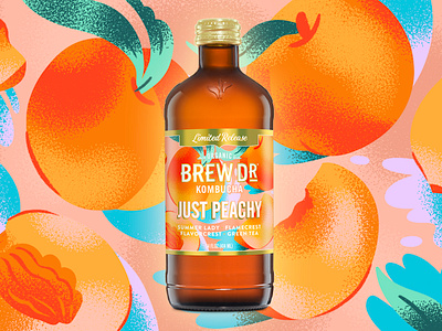 "Just Peachy" Illustration for Brew Dr. kombucha art beverage bright design drawing editorial illustration food food illustration fruit gradient illustration jordan kay kombucha limited color packaging packaging design packaging illustration peach stipple texture