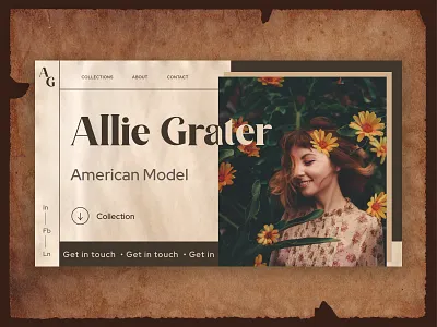 Fashion model website branding design fashion header hero section landing page model paper texture retro trend ui ux vintage web webflow website