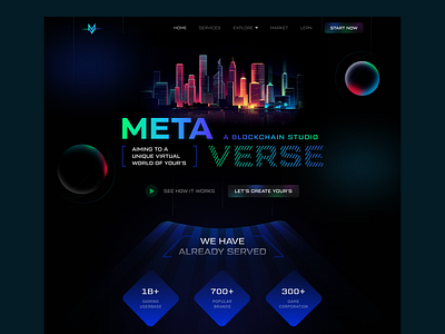 Metaverse - A Blockchain Studio Header Exploration blockchain agency character concept character design clean design futuristic header landing page hero illustration home page landing page metaverse virtual reality web design website