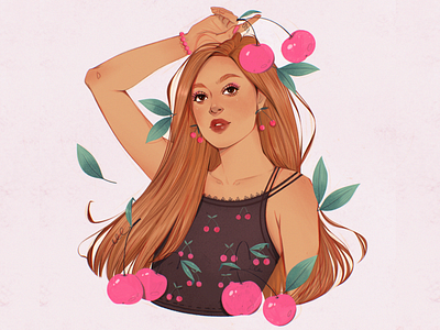 Cherry aesthetic art beauty berries branding cherry design fashion girl graphic design hair illustration leaves magic outfit portrait red redhead