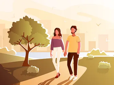 romantic evening walk in the summer park adobe illustrator boy character city evening flat girl illustration love lovers man nature people summer sunny sunset urban vector walk woman