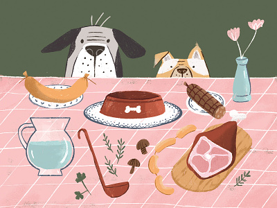 Doggo Dinner animal illustration animals digital illustration dogs dogs illustrated food illustration funny dogs graphic design illustration sausage table illustration
