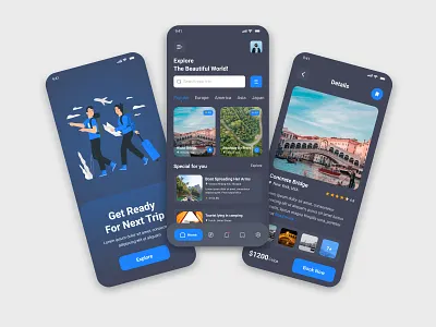 Travel mobile app design (dark version) adventure agency app design booking app clean design destination explore flight app ios app mobileapp travel travel agency travel app traveling trip app ui uidesign uiux vacation app