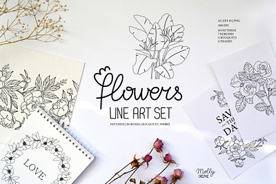 FLOWERS line art set border bouquet flowers line line art pattern png vector