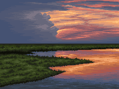 Sunset 16bit art clouds enviroment game art game design illustration lake landscape nature pixel art pixel lake pixel sky pixel sunset pixelart reflection sky storm sunset watermeadows