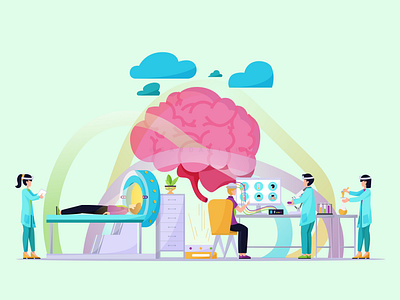 Brain neuroscience treatment with technology app app design brain doctor emergency flat design flat illustration home page hospital illustration landing page nerves patien science technology ui ui design web web design website