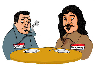 Dining Philosophers cartoon color drawing illustration ink