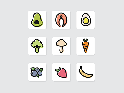 9 line icons for the Healthy Food app adobe illustrator app app icons avocado banana blueberry broccoli carrot design graphic design healthy food icons illustration logo