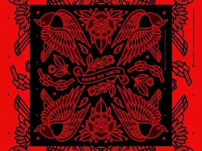 Know No Limits Bandana Art bandana bird floral flower halftone illustration inspire monoline pattern rose symetrical tattoo textile