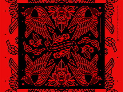 Know No Limits Bandana Art bandana bird floral flower halftone illustration inspire monoline pattern rose symetrical tattoo textile