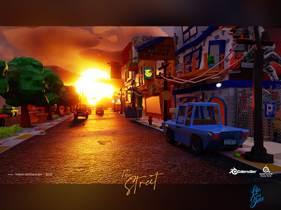 THE STREET 3d animation blender branding design graphic design illustration logo lowpoly motion graphics street sunset typography ui ux vector