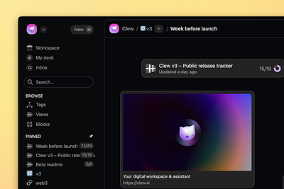 Clew: View embeds and dark theme clew design desktop ui workspace