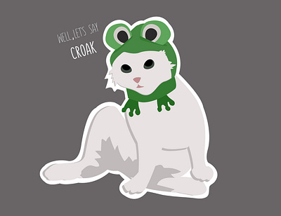 White cat lies in a frog hat "Well, let's say croak" animal cat design frog funny graphic design illustration phrase spring toad