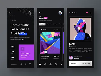 NFT Mobile App - Dark Versionš„š¤ app blockchain crypto cryptocurrency dark design eth mbile nft nft app nft market nft marketplace trend ui uidesign uiux