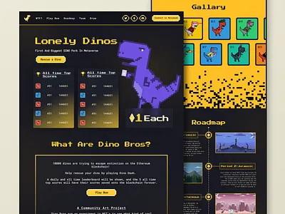 Dino Bros-NFT Landing Page bitcoin brutal crypto currency cryptoart dark ui digital art eth figma landing page nft nft website pixel pixelated retro solana token ui ux trend wallet web design