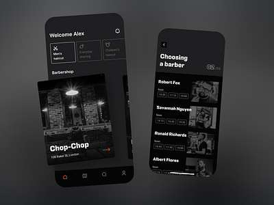 Barbershop app app app design barbershop dark theme design haircut minimal mobile startup ui