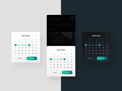 Calendar app design black theme calendar calender dark theme date date picker gradient light theme modal popup time ui ux year