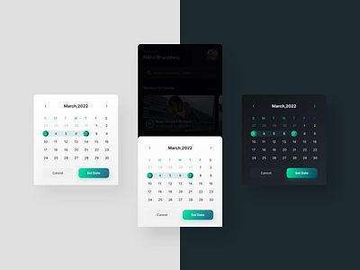 Calendar app design black theme calendar calender dark theme date date picker gradient light theme modal popup time ui ux year