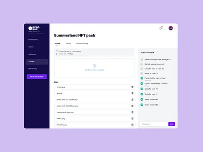 Project page for asset uploads for NFT builders asset control panel freelance designer nft project tailwindcss upload ux visual design