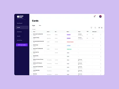 Card management for NFTs card management cards control panel design freelance designer nfts rcrdshp table tailwind tailwindcss ui ux visual design