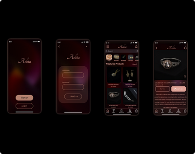 Aelita Jewellery App dark theme glassmorphism jewellery ui ux