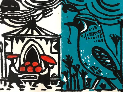 Woodcut/ Quail architecture book book design carve color house linocut linocut print print print design printmaking woodcut